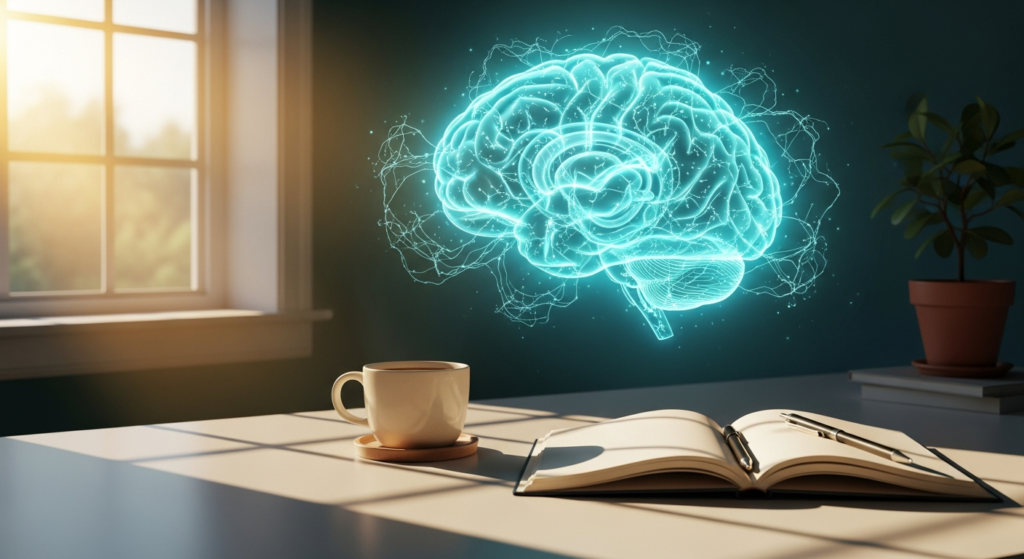 Glowing brain with teal neural pathways above a morning routine scene — neurofeedback and brain regulation Los Angeles