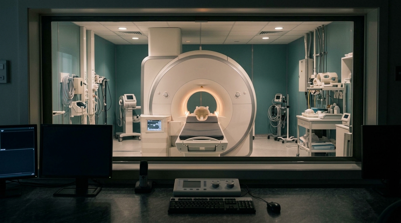 An empty MRI scanner room seen from the control window