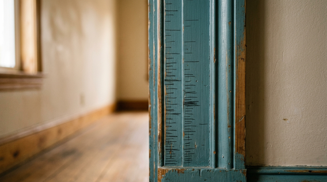 A doorframe marked with pencil height lines recording a child growing over years