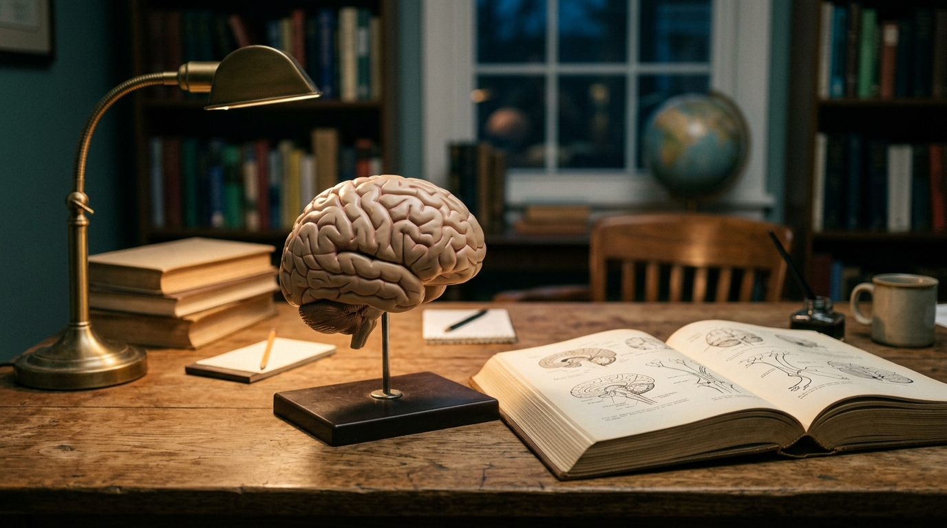 An anatomical model of a human brain on a desk beside an open reference book