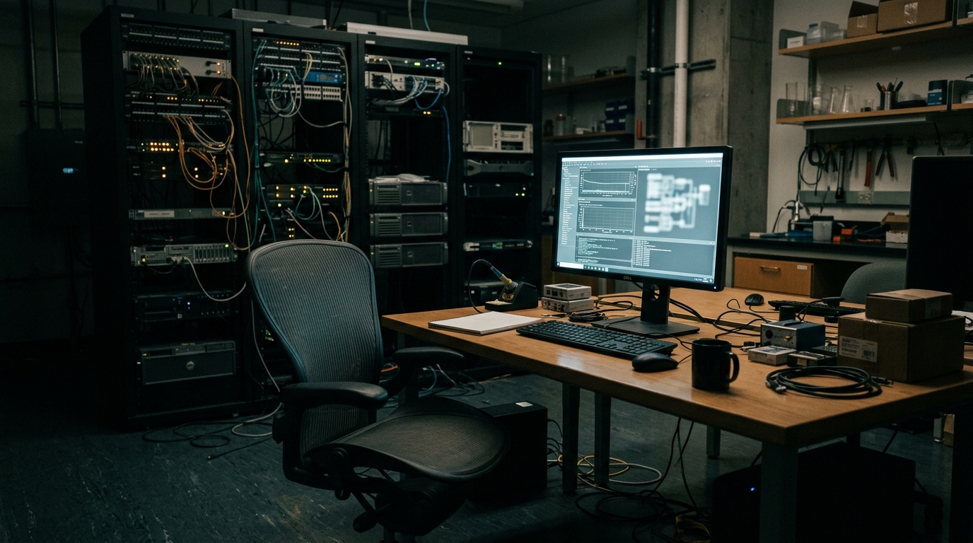 A dim research laboratory at night with a single monitor glowing