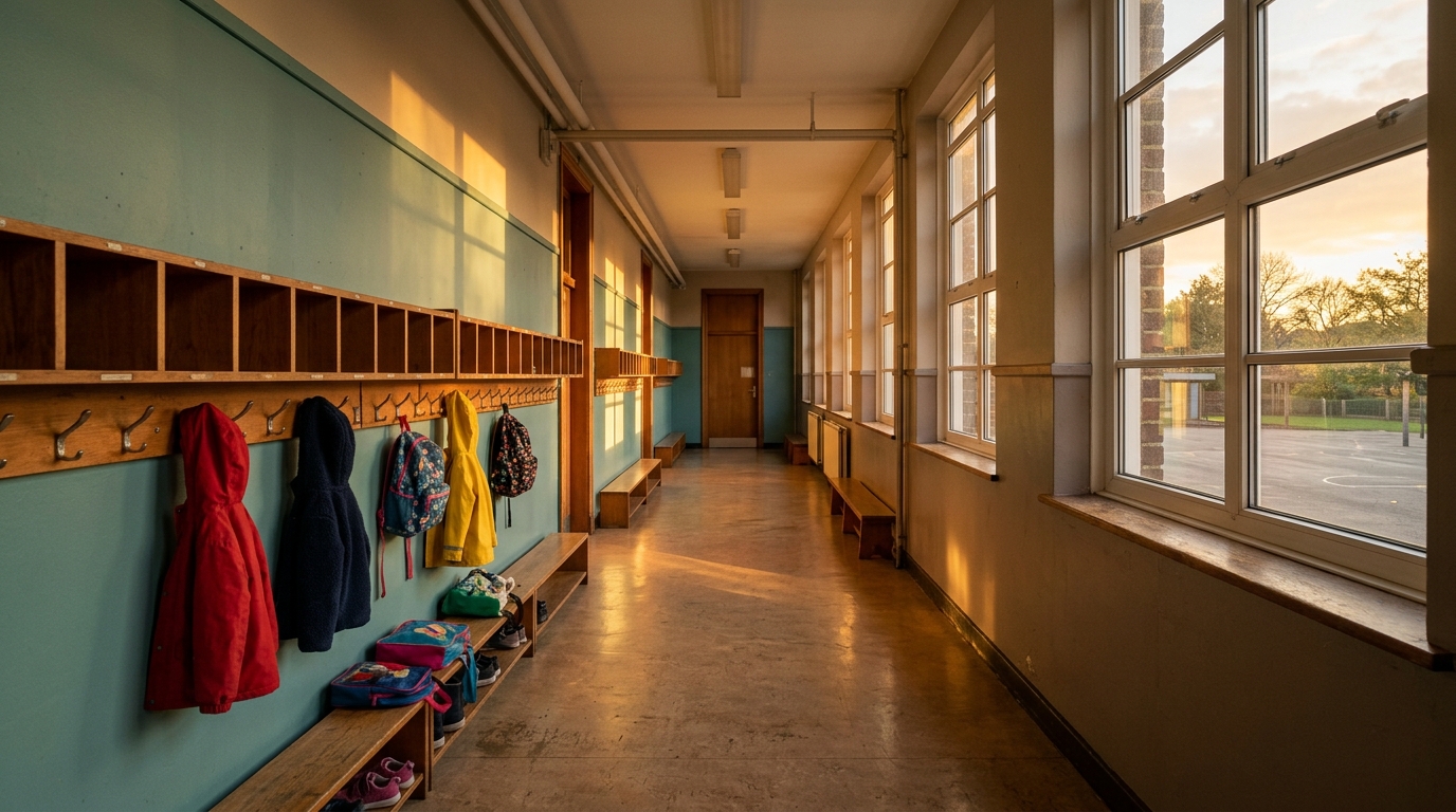 An empty primary school corridor at the end of the day with coats on hooks