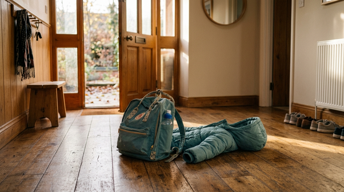 A child's coat and school bag dropped inside a front door in late afternoon light