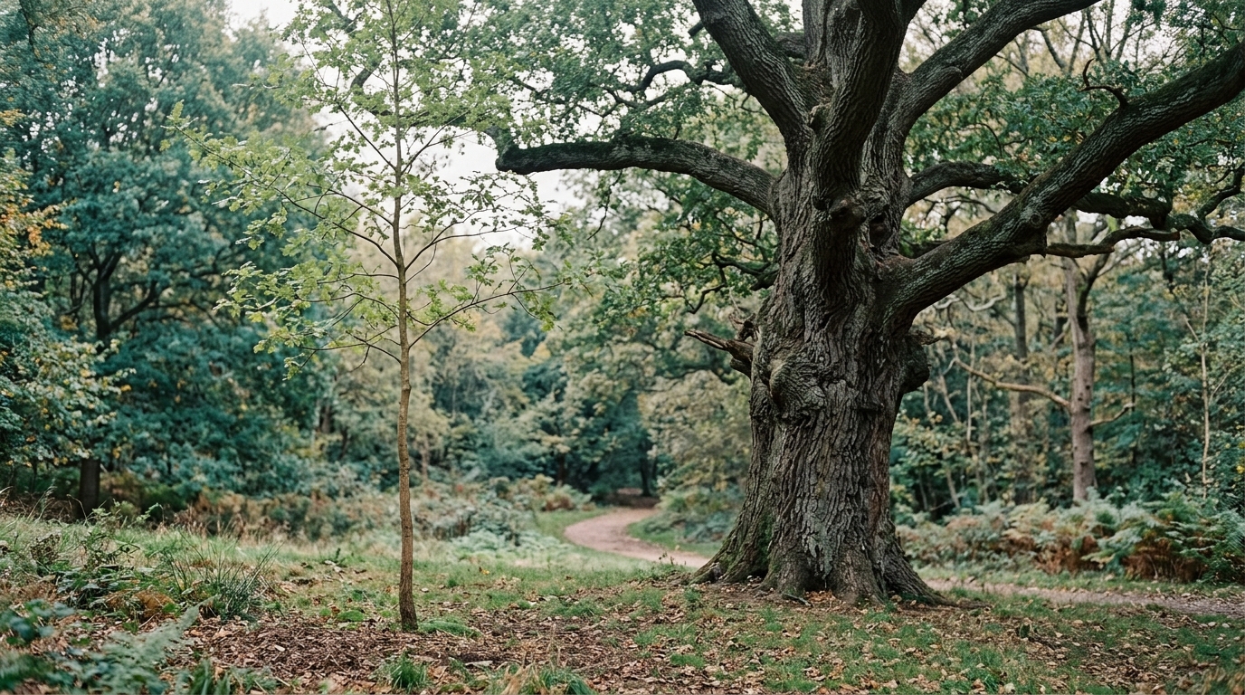 Two trees of visibly different ages standing side by side in a park