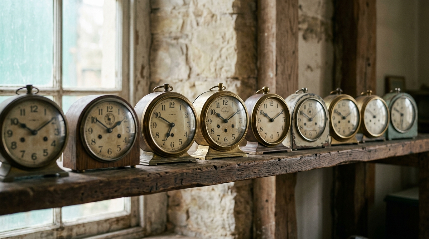 A row of old mechanical clocks on a shelf showing slightly different times