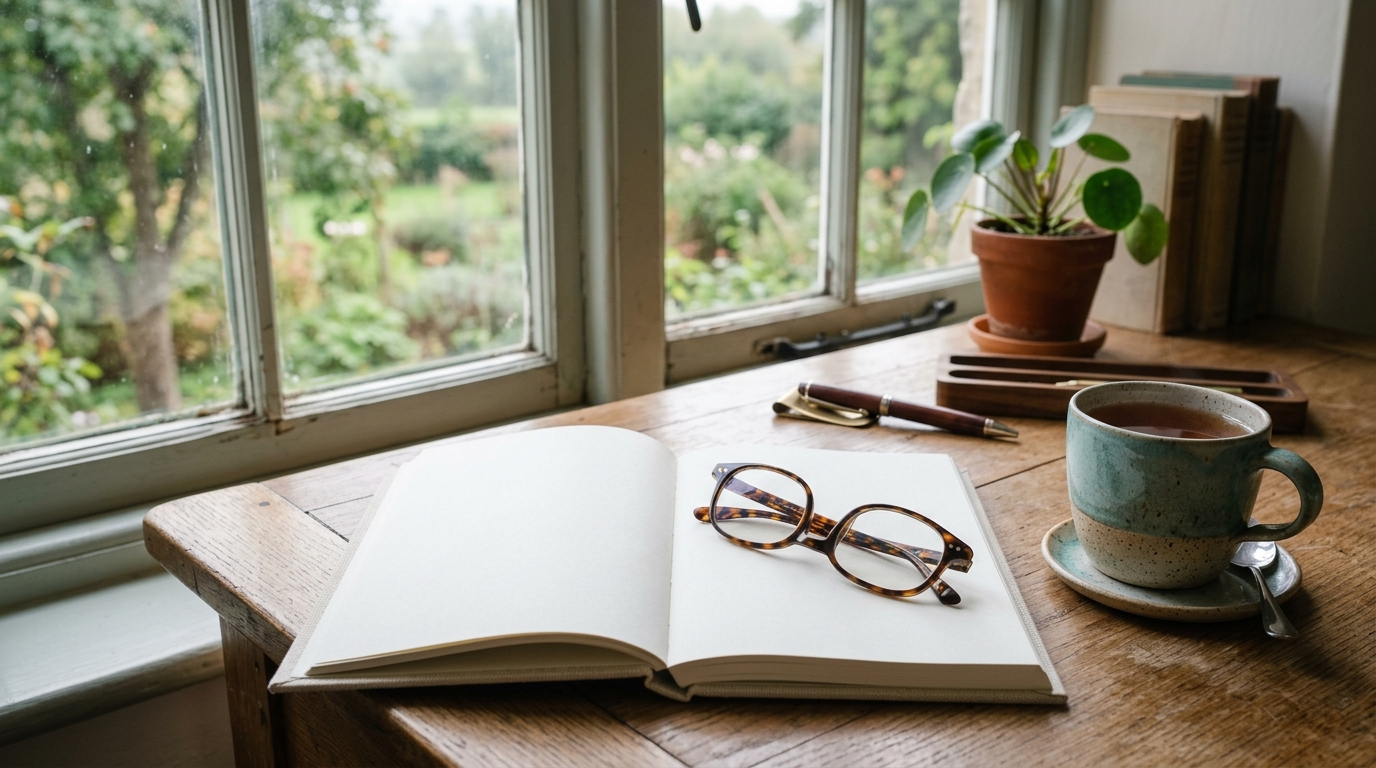 A writing desk by a window with reading glasses resting on an open notebook