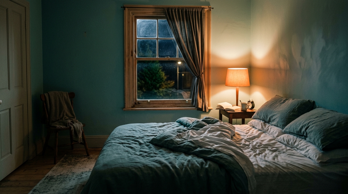 A bedroom window at night with curtains half open and a bedside lamp lit
