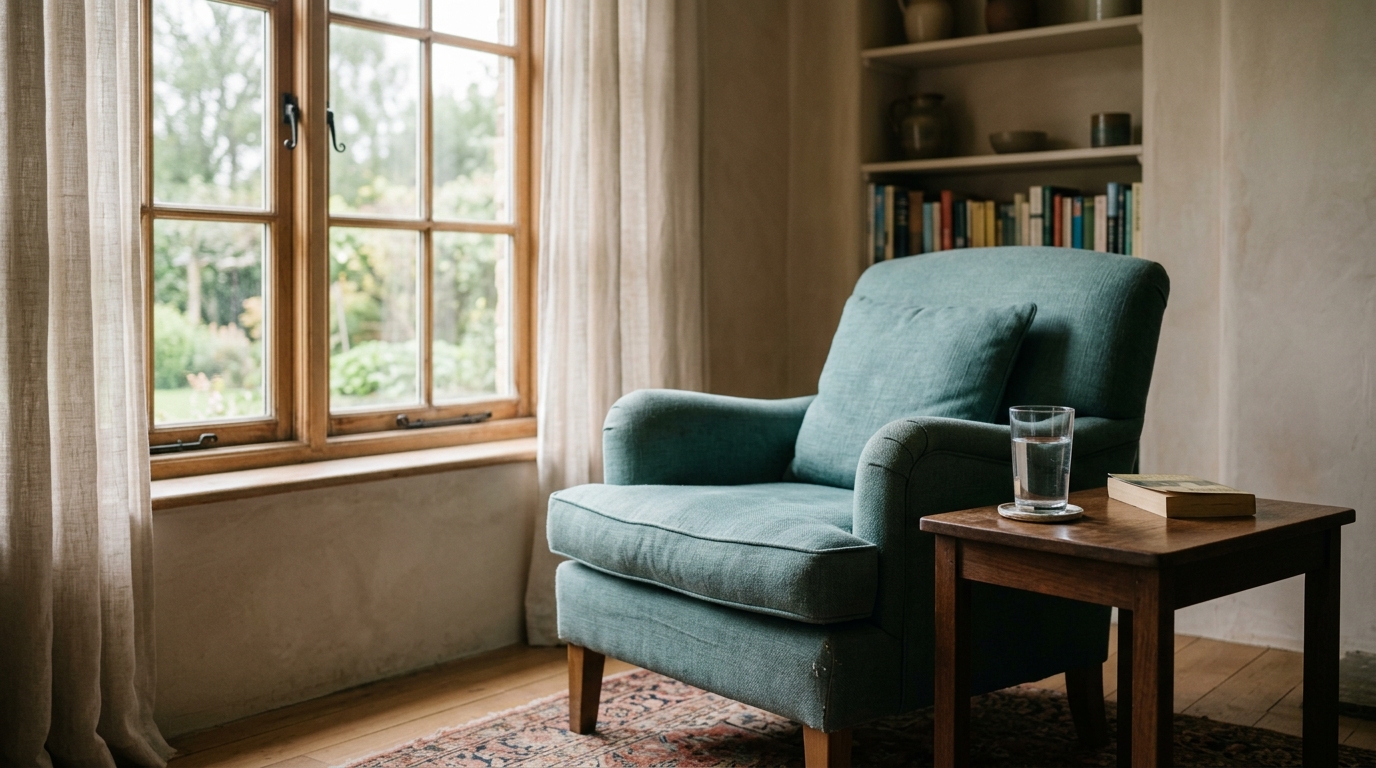 An empty armchair beside a window with a glass of water on a side table