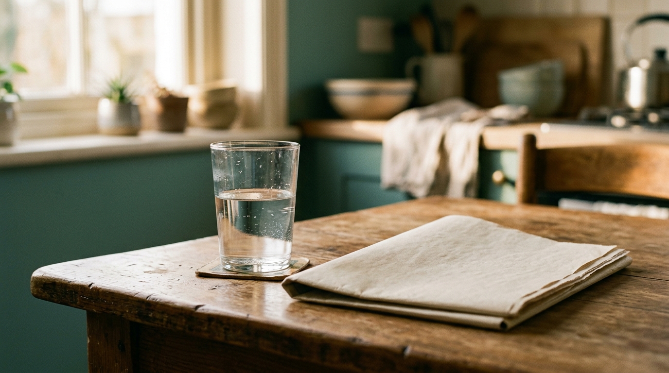 A kitchen table in morning light with a half-drunk glass of water and a folded newspaper