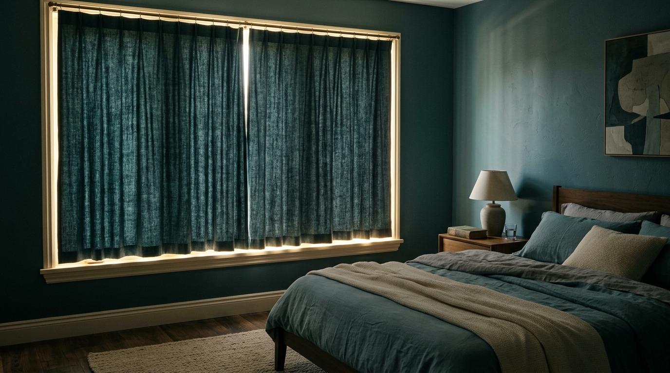 A bedroom with heavy curtains drawn against bright daylight, a thin band of light at the edges
