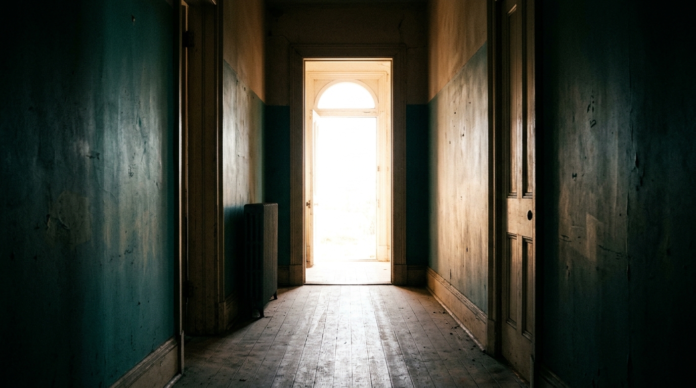 A dim hallway leading to a bright doorway, shadow and glare in contrast