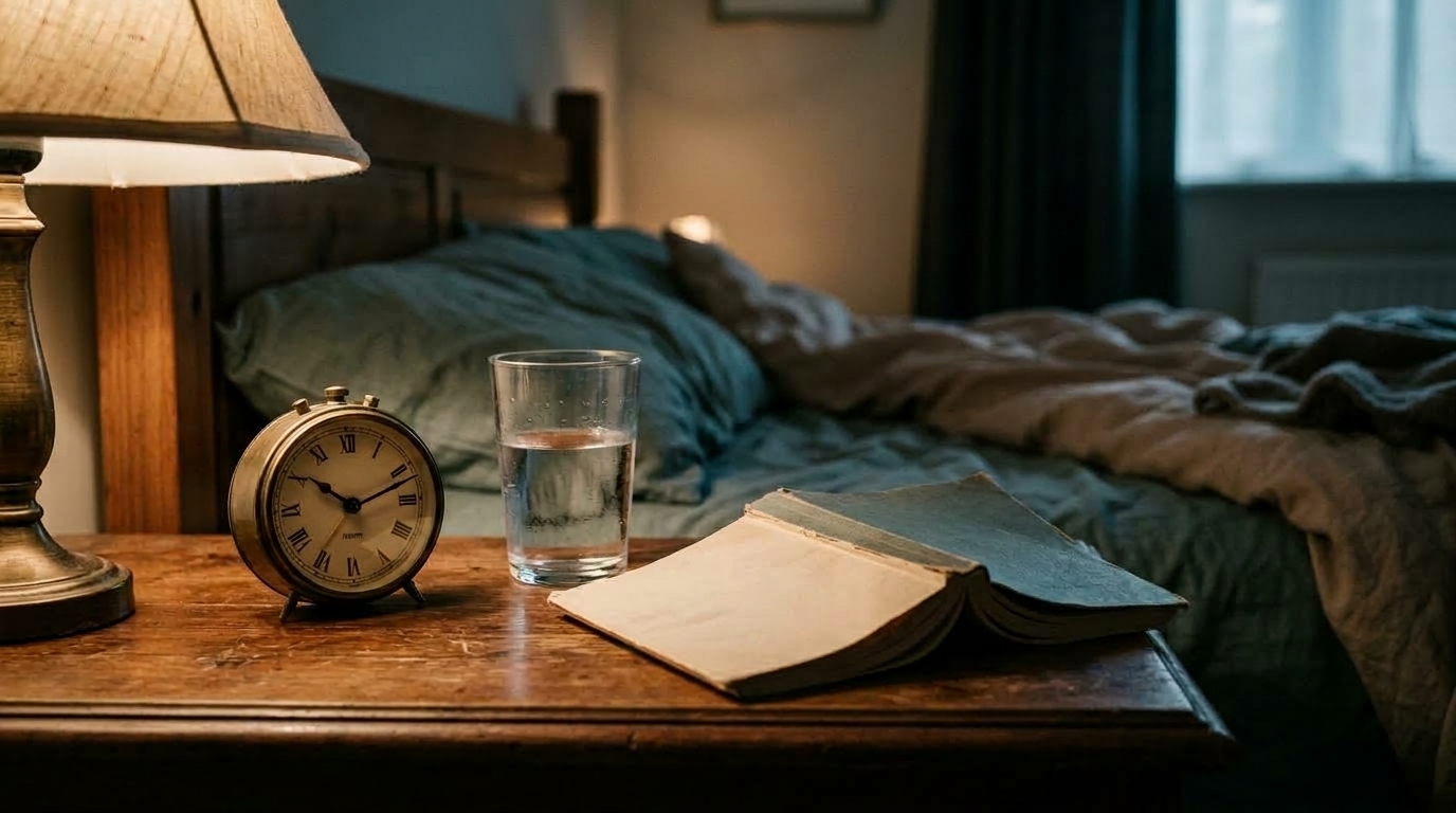 A bedside table at night with a small analogue alarm clock and a glass of water