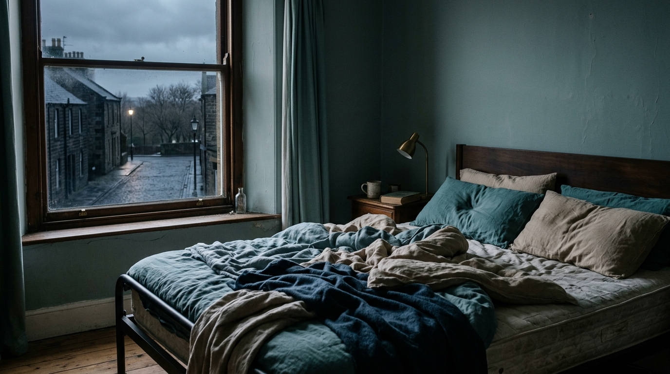 A window at pre-dawn with the first grey light outside and an empty bed in the foreground