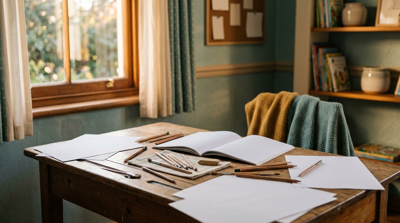 An empty child's desk covered with paper, pencils and an open workbook in afternoon light
