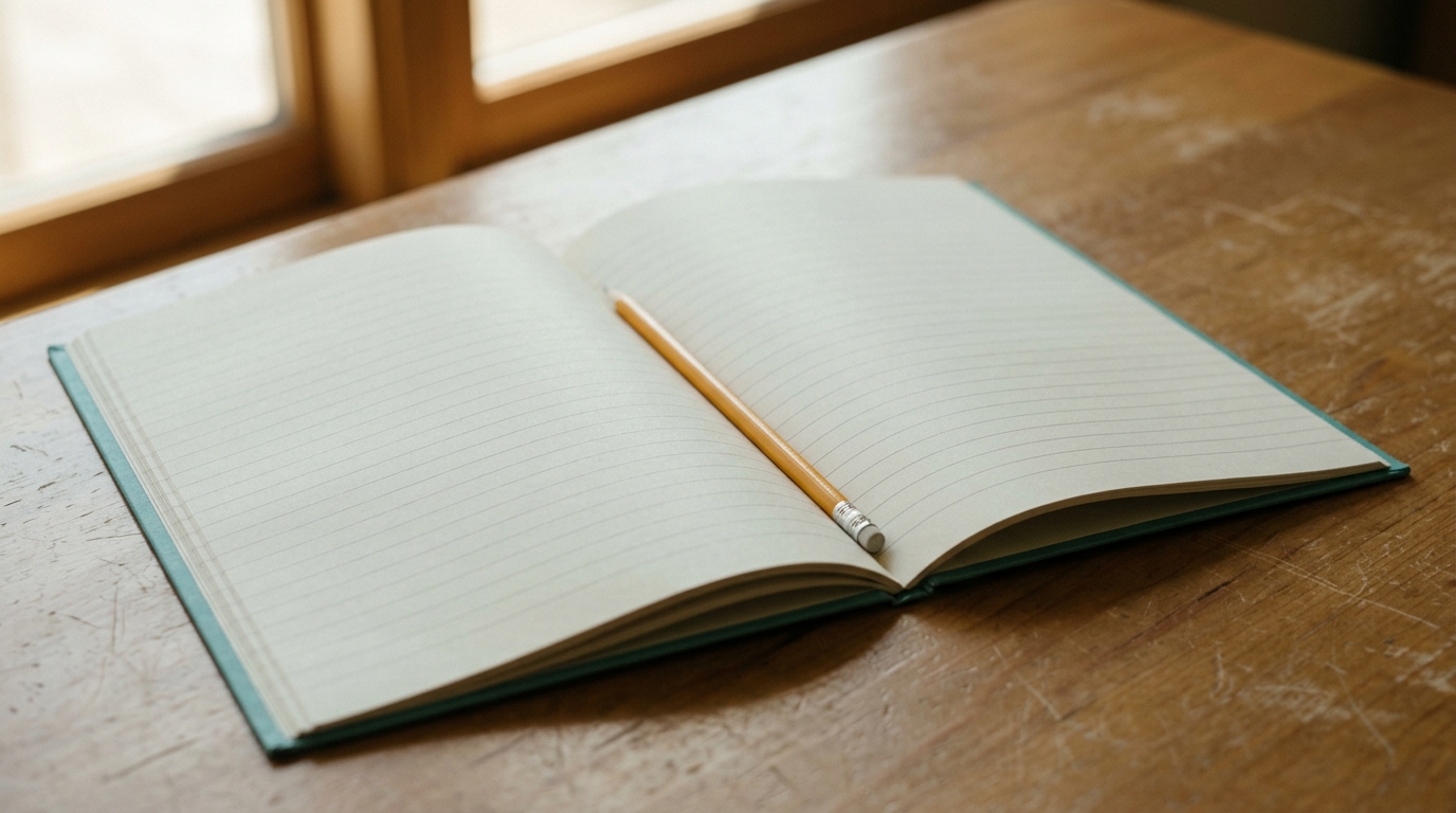 A close view of an open school exercise book with a pencil resting in the gutter