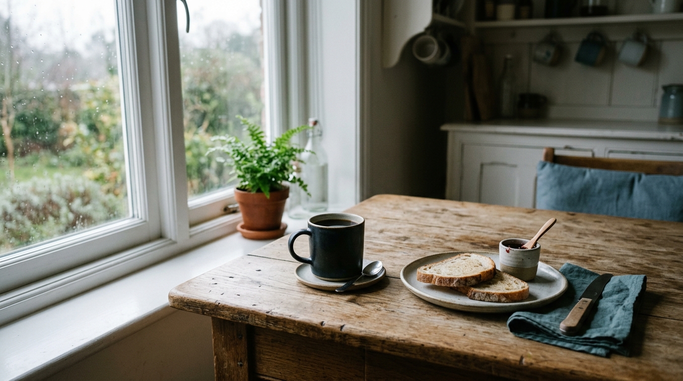 An untouched breakfast on a kitchen table by a window in grey morning light