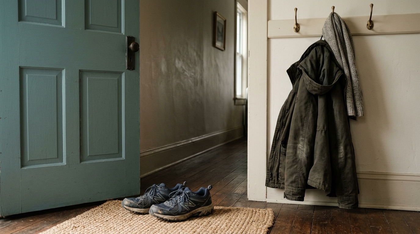 A pair of walking shoes by a door with a coat on a hook, unused
