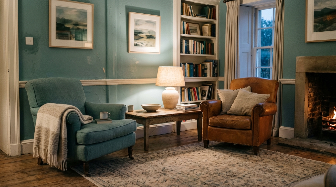 A quiet sitting room with two armchairs facing each other and a blanket over one arm