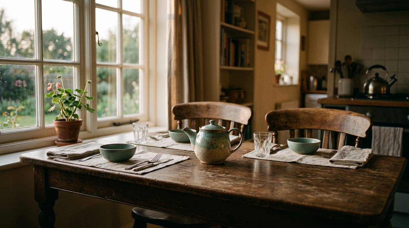 A kitchen table set for two with a teapot between the chairs in warm evening light