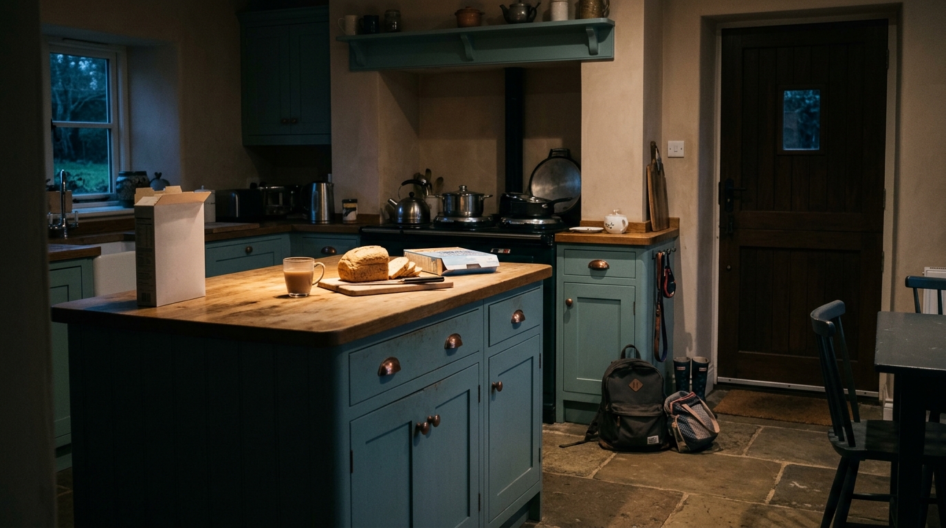 A dark family kitchen before dawn with one light on over the counter and school bags by the door