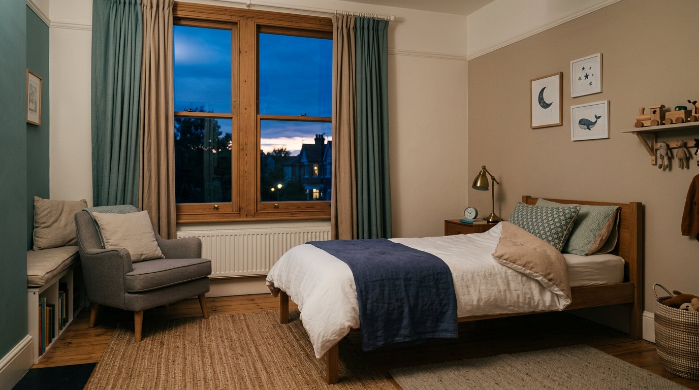 A child's bedroom at dusk with curtains open showing evening sky and a bed turned down