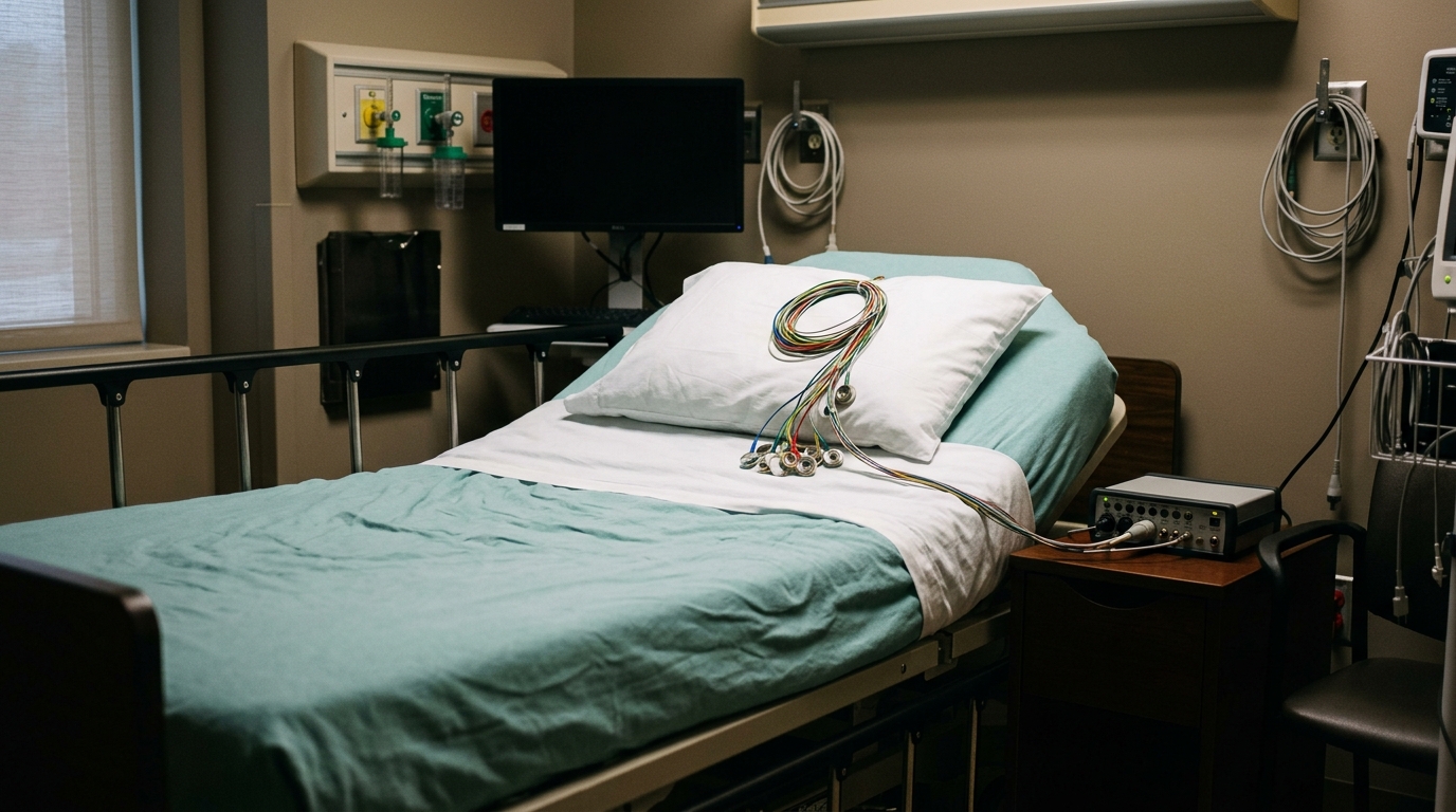 An empty sleep laboratory bed with EEG electrode wires coiled neatly on the pillow