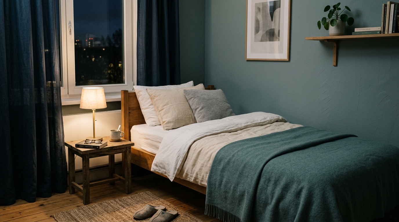 A neatly made single bed beside a window at night with a small lamp lit