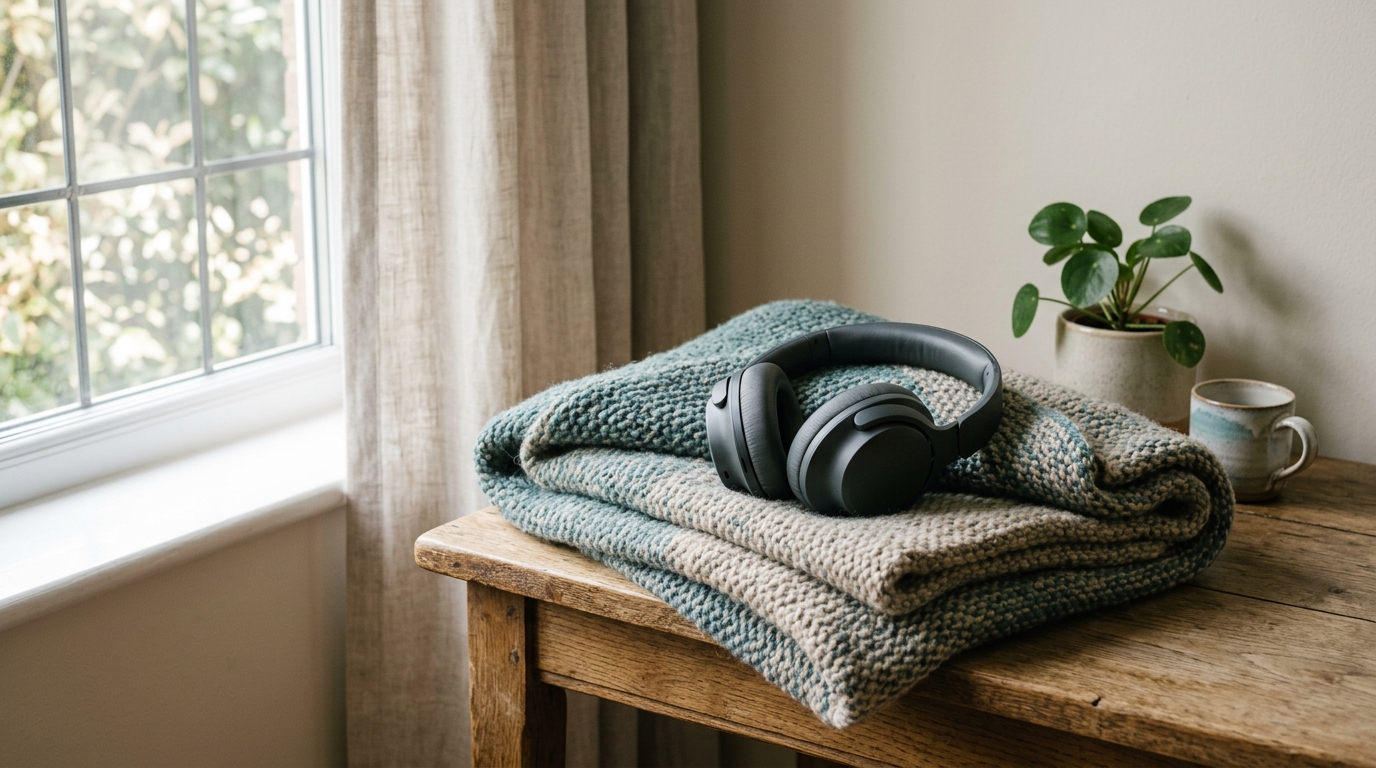 A quiet corner of a room with noise-reducing headphones resting on a folded blanket