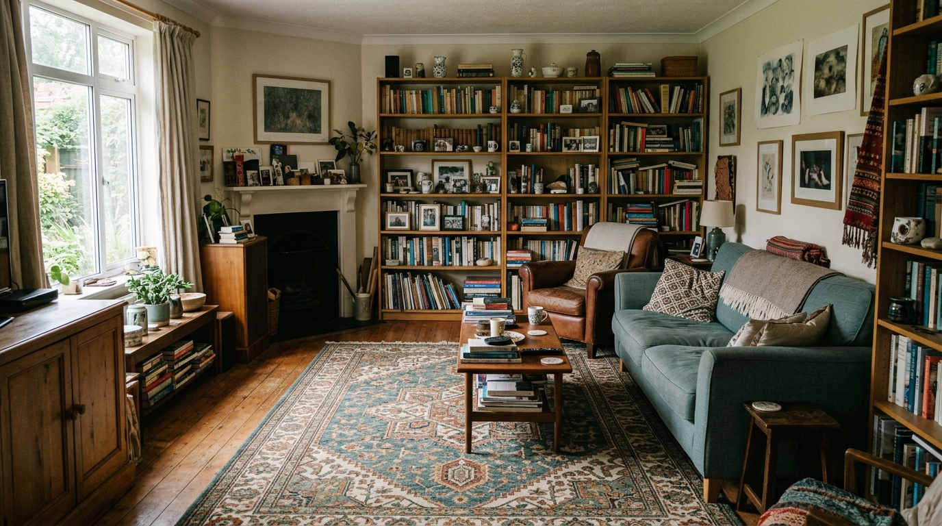 A busy patterned rug and cluttered shelves in a family room, visually dense