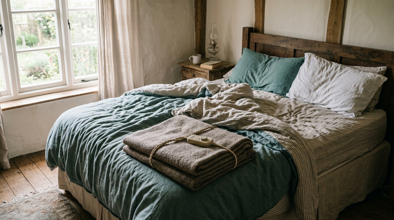 An unmade bed in soft morning light with a heated blanket folded at the foot