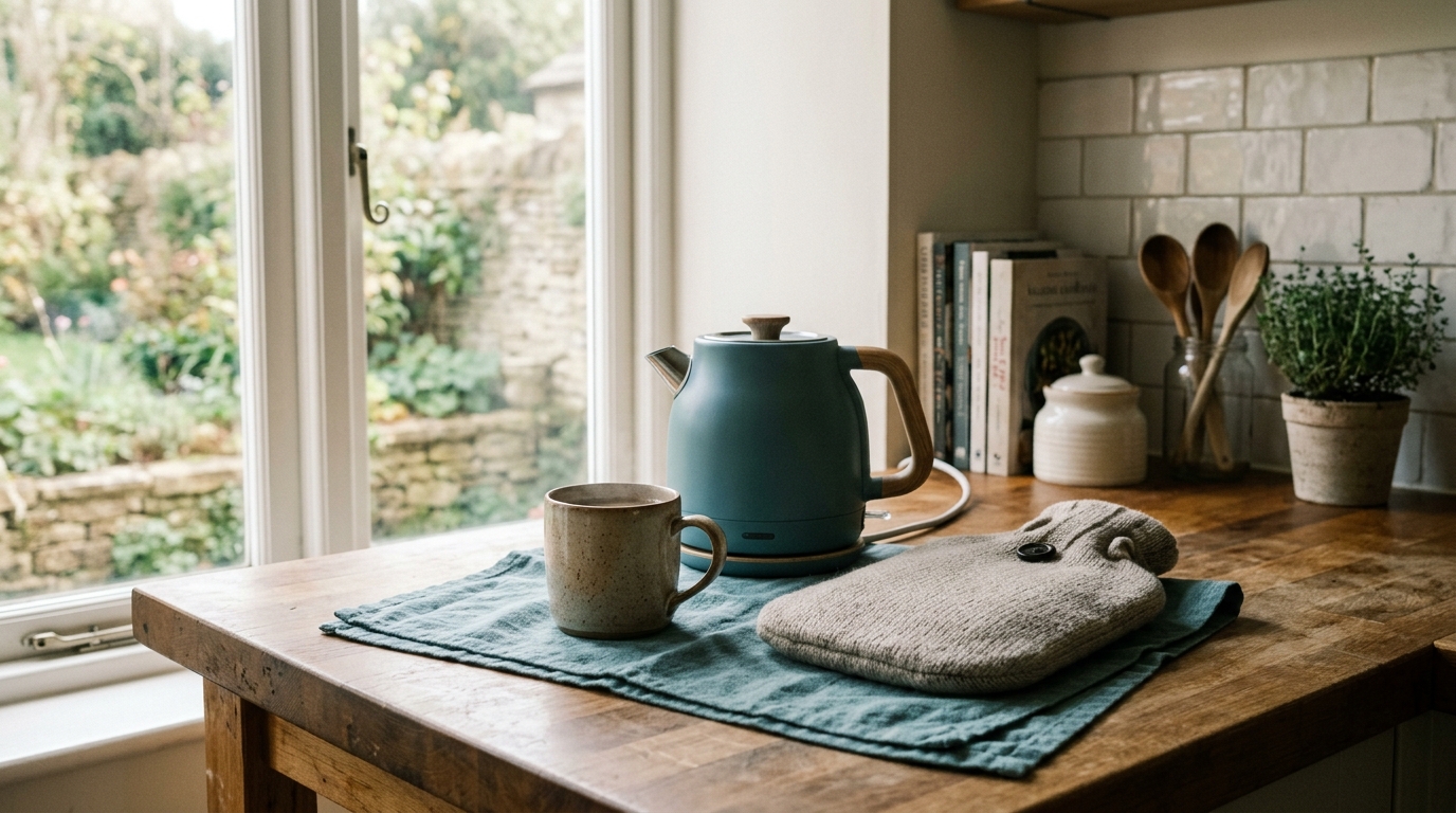 A kitchen counter with a kettle, a mug and a hot water bottle on a folded towel