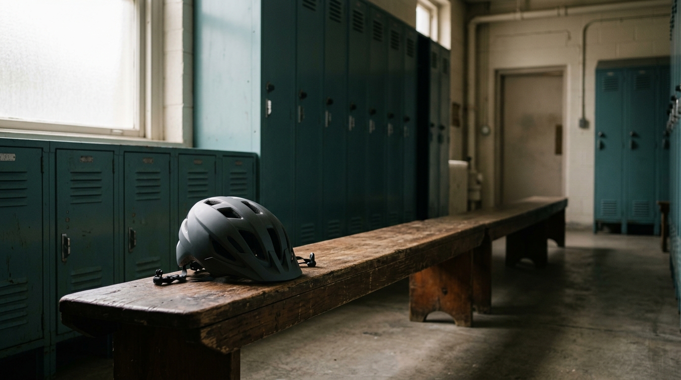 An empty locker room bench with a bicycle helmet resting on it in low window light