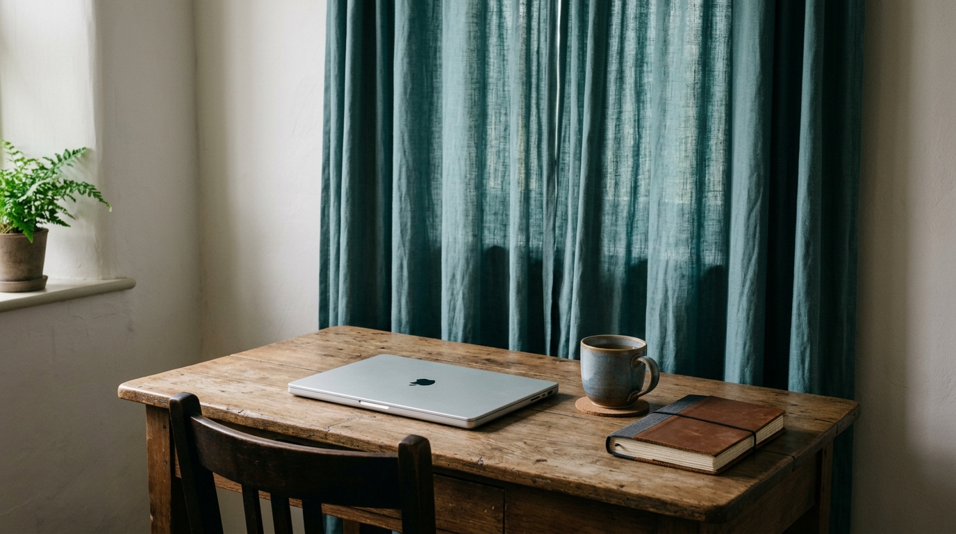 A dim room with curtains drawn and a closed laptop on a desk