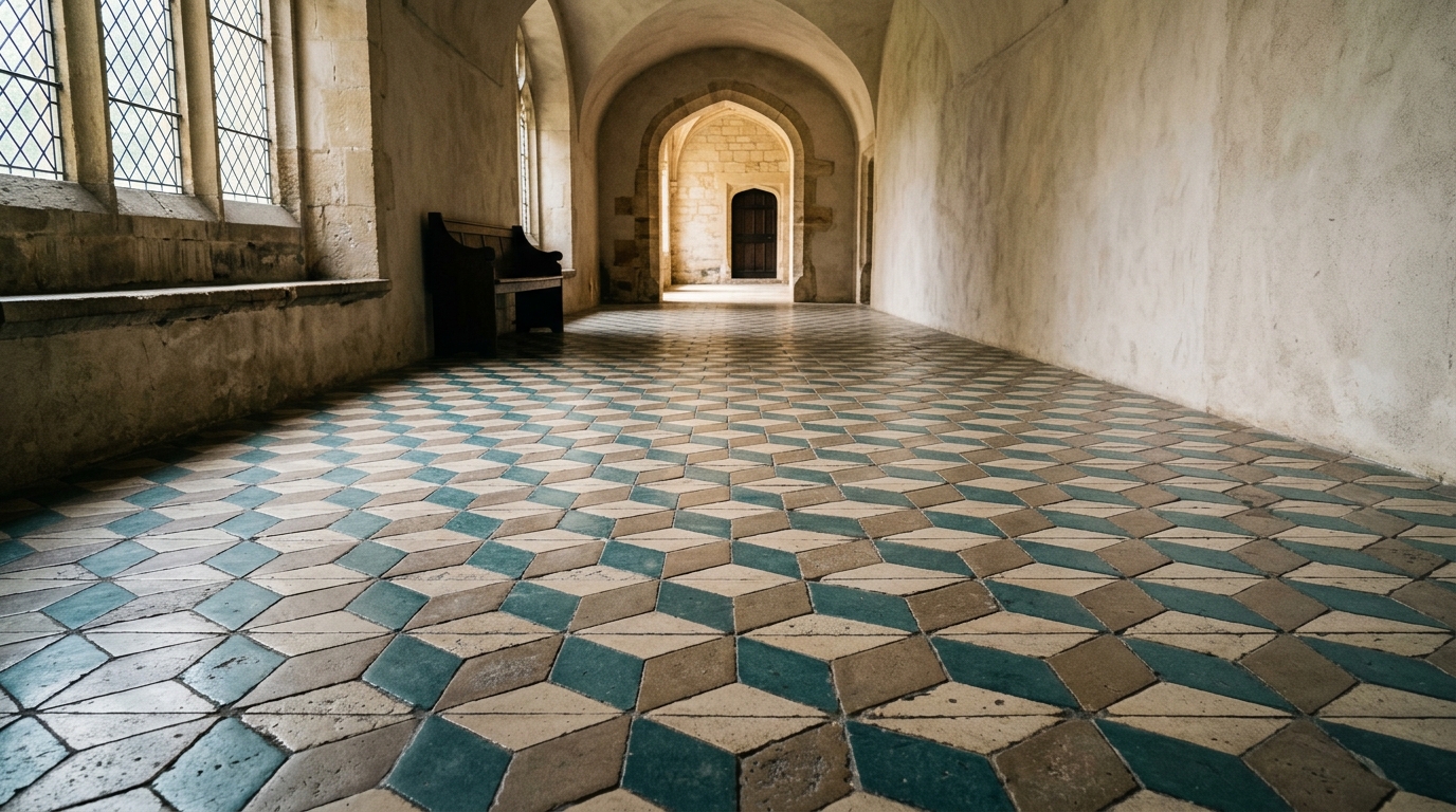 A tiled floor with a strong repeating geometric pattern creating an illusion of depth