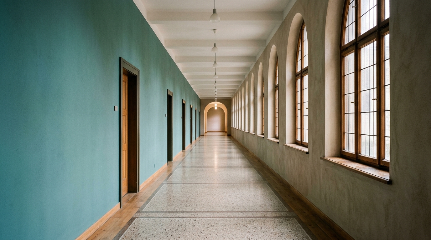 A long corridor with converging parallel lines creating forced perspective