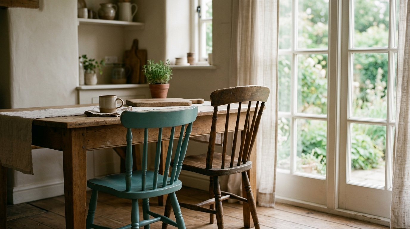 Two chairs side by side at a kitchen table, one adult sized and one child sized