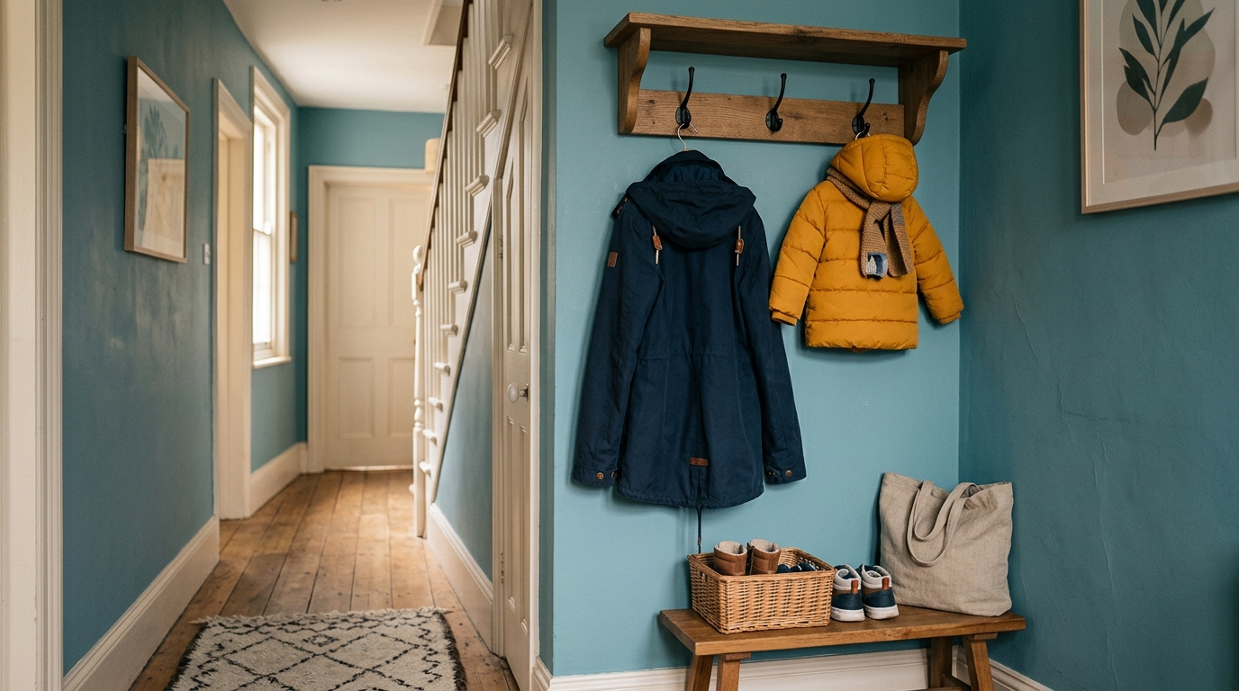 A hallway coat rack holding one adult coat and one small coat side by side