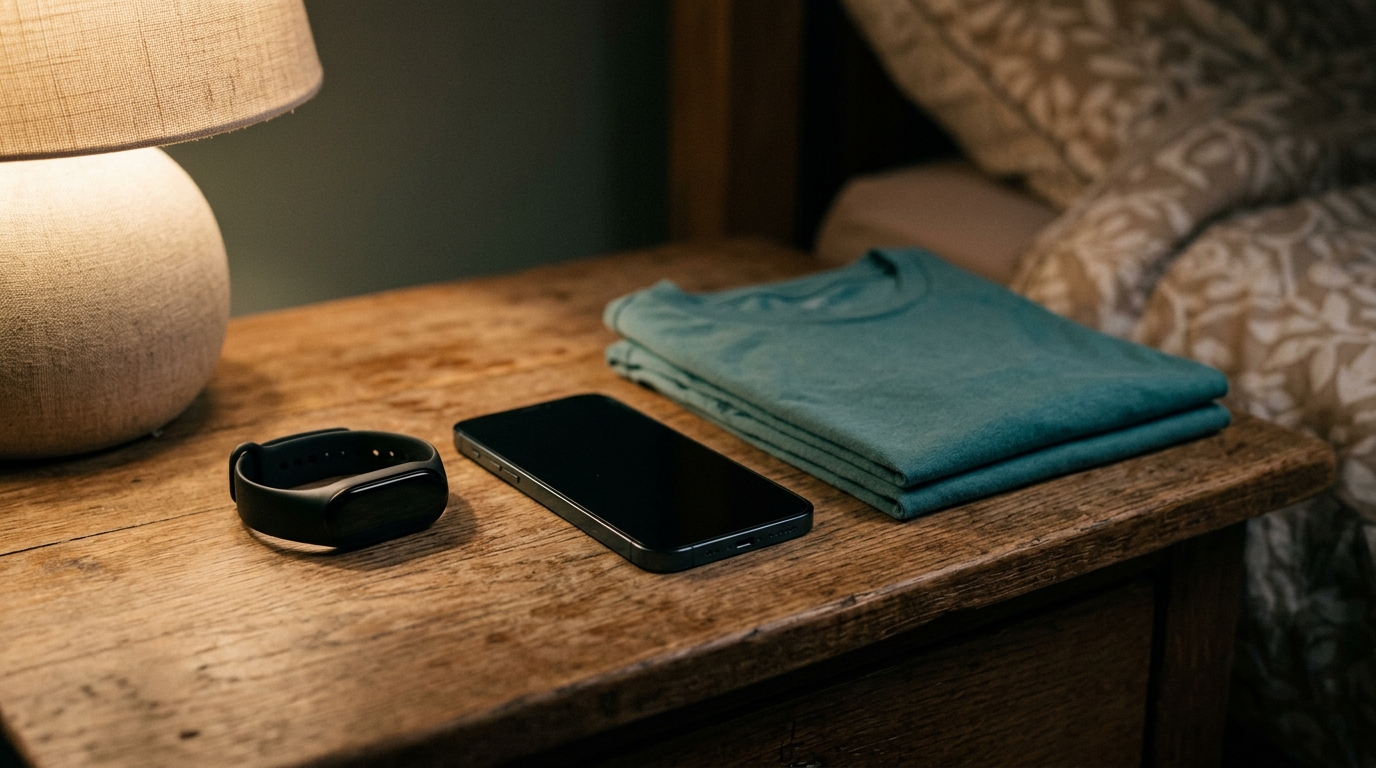 A fitness tracker and a phone resting on a bedside table beside a folded shirt