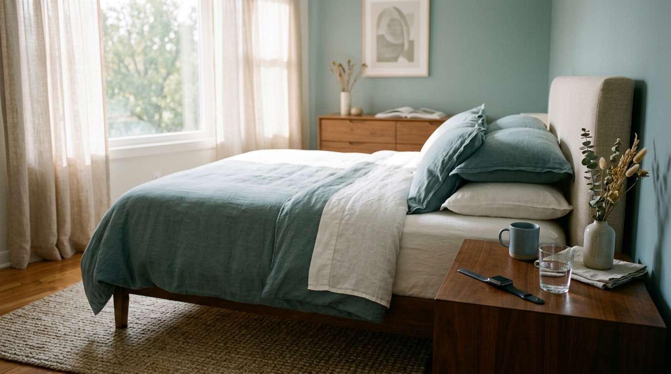 A made bed with a smartwatch on the nightstand and early light through curtains