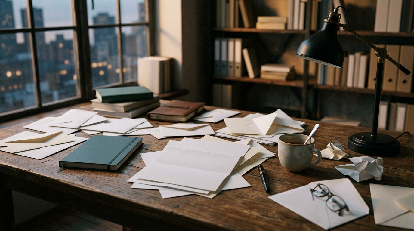 A desk at the end of a working day with many opened envelopes and papers spread out