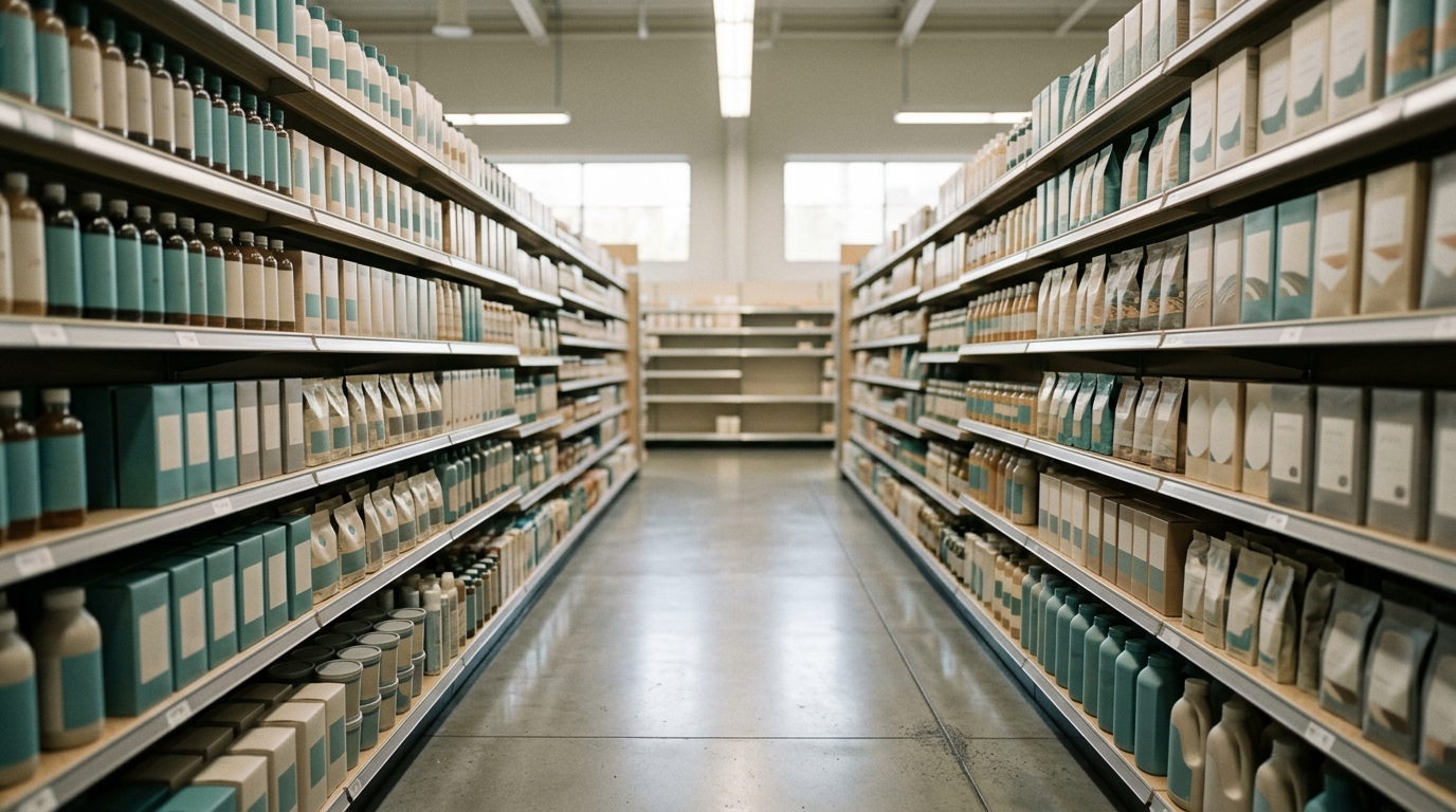 An empty supermarket aisle with many similar products on the shelves