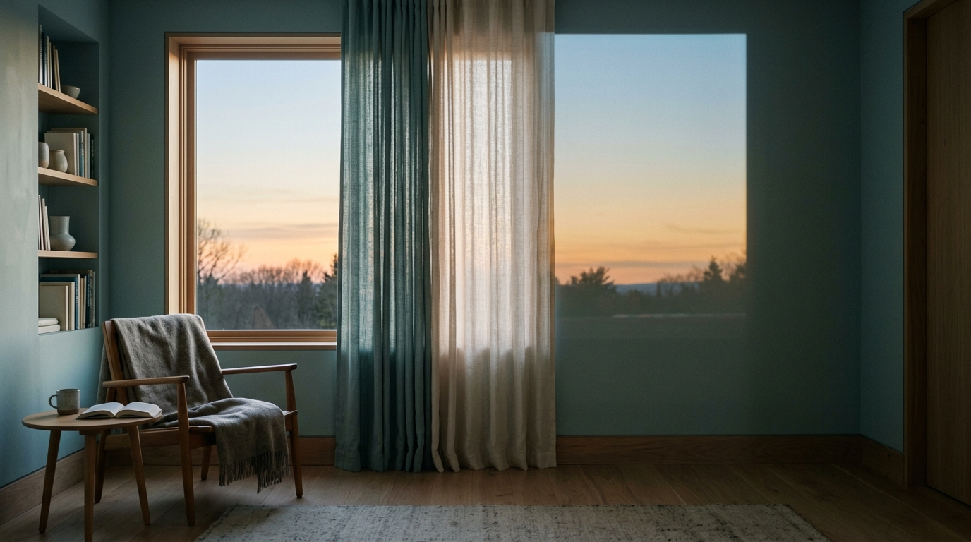 A window at dawn with curtains half drawn showing a sky between night and day