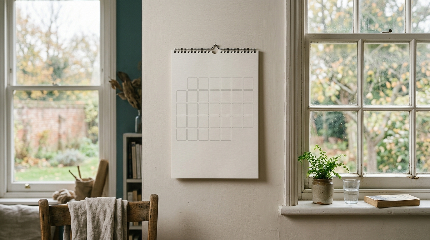 A calendar page on a wall beside a window, days unmarked