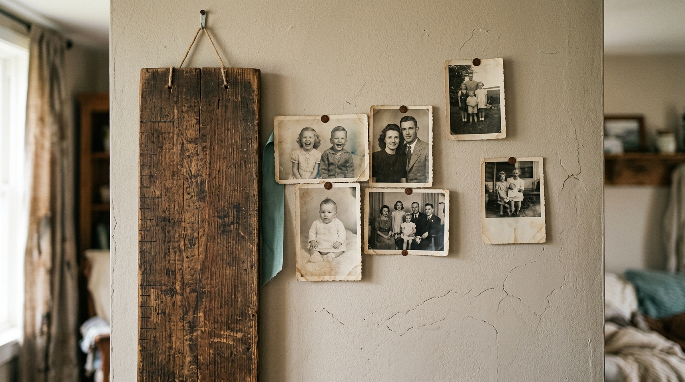 A weathered growth chart and old family photographs pinned to a wall