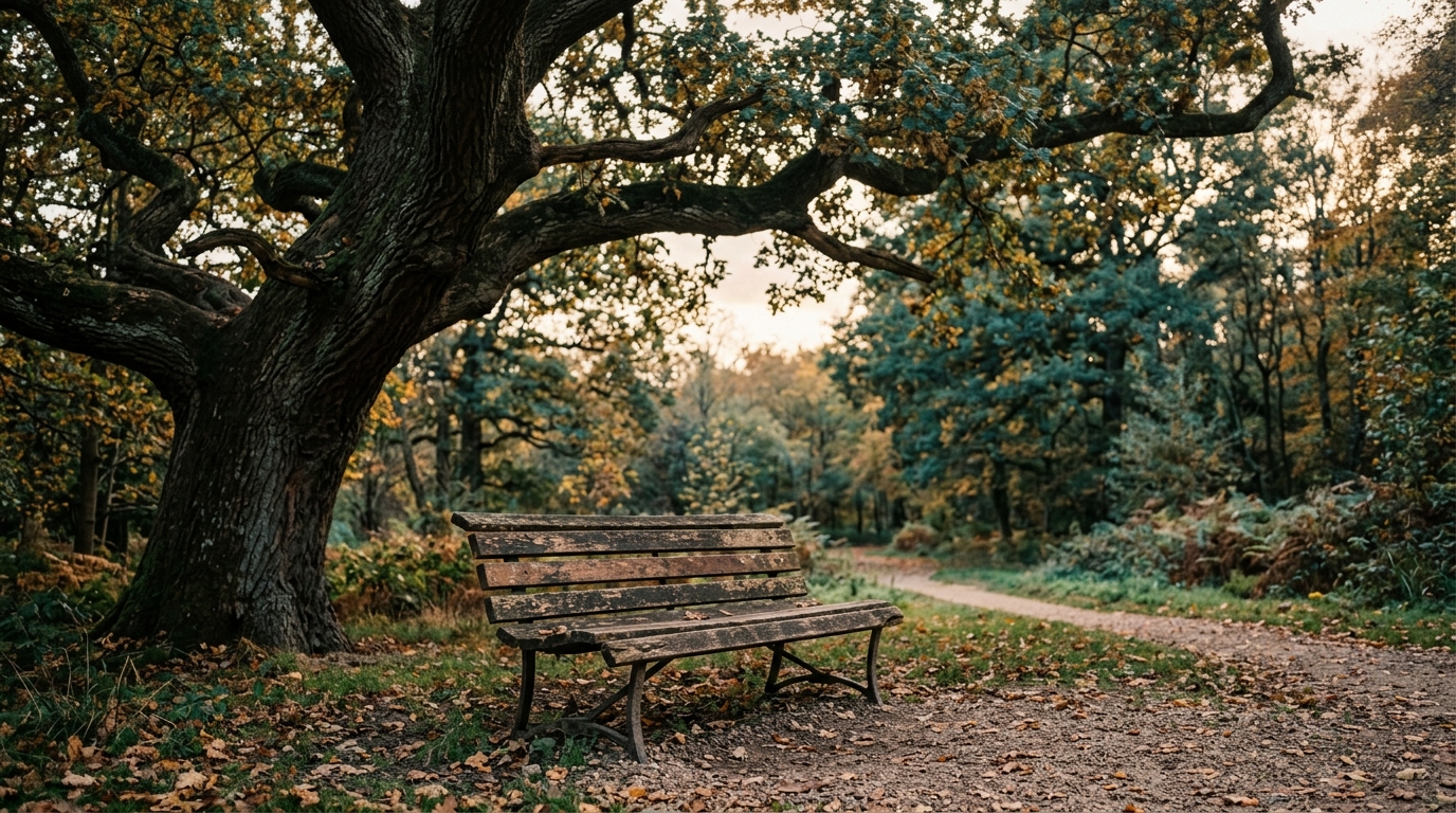 A worn wooden bench in a park under an old tree, empty, late afternoon