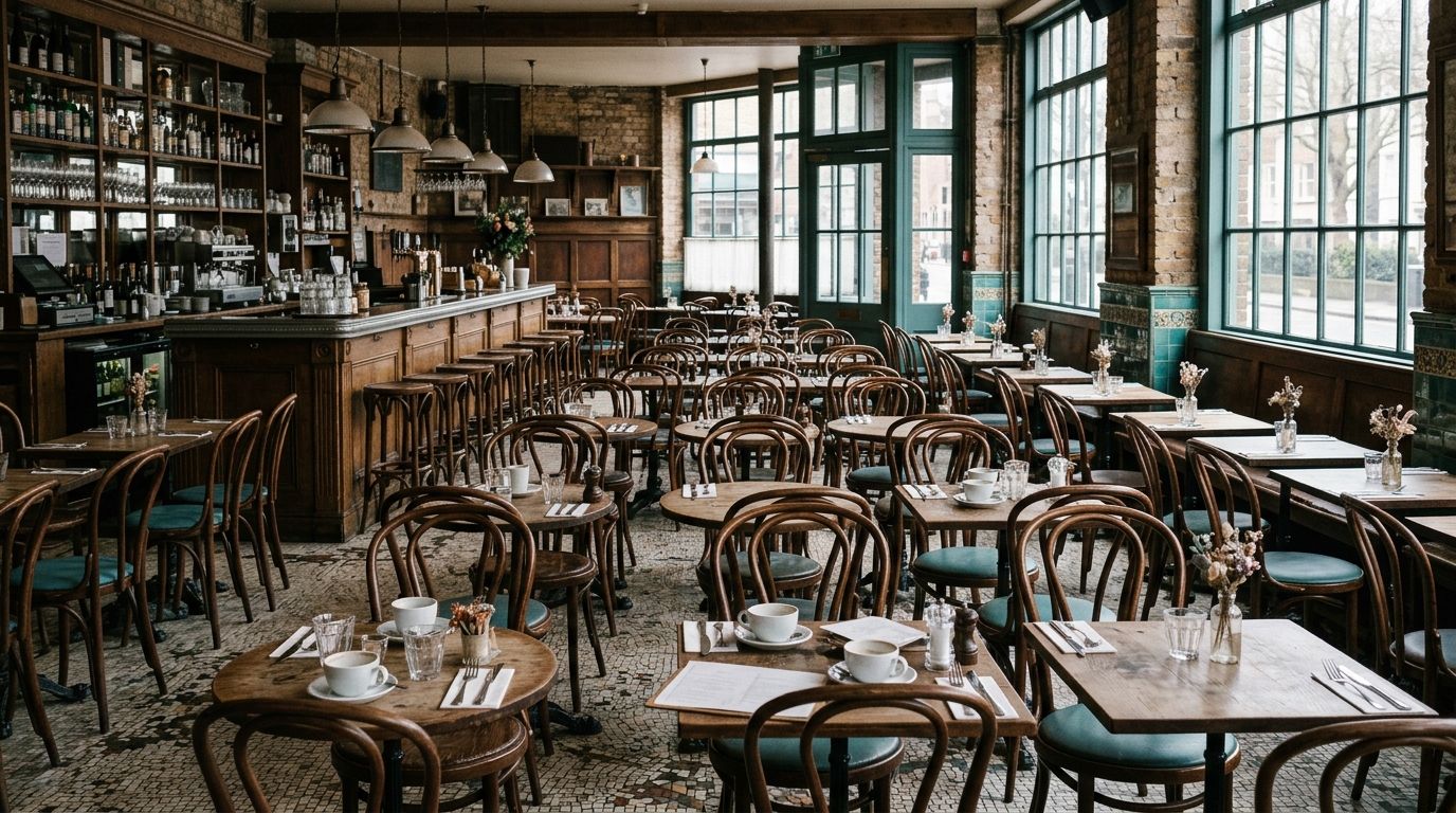 A crowded cafe interior photographed empty, many chairs and surfaces, visually busy