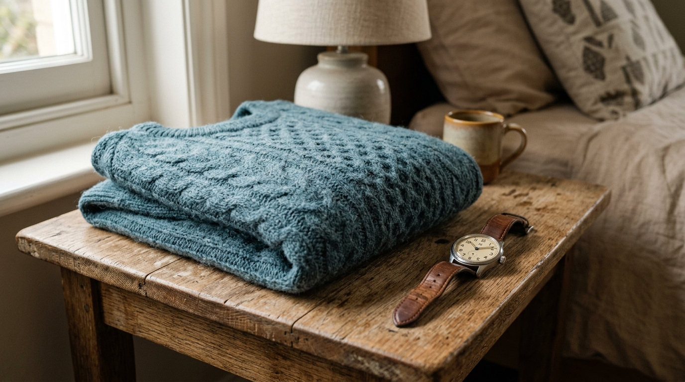 A folded jumper and a wristwatch on a bedside table, close and ordinary