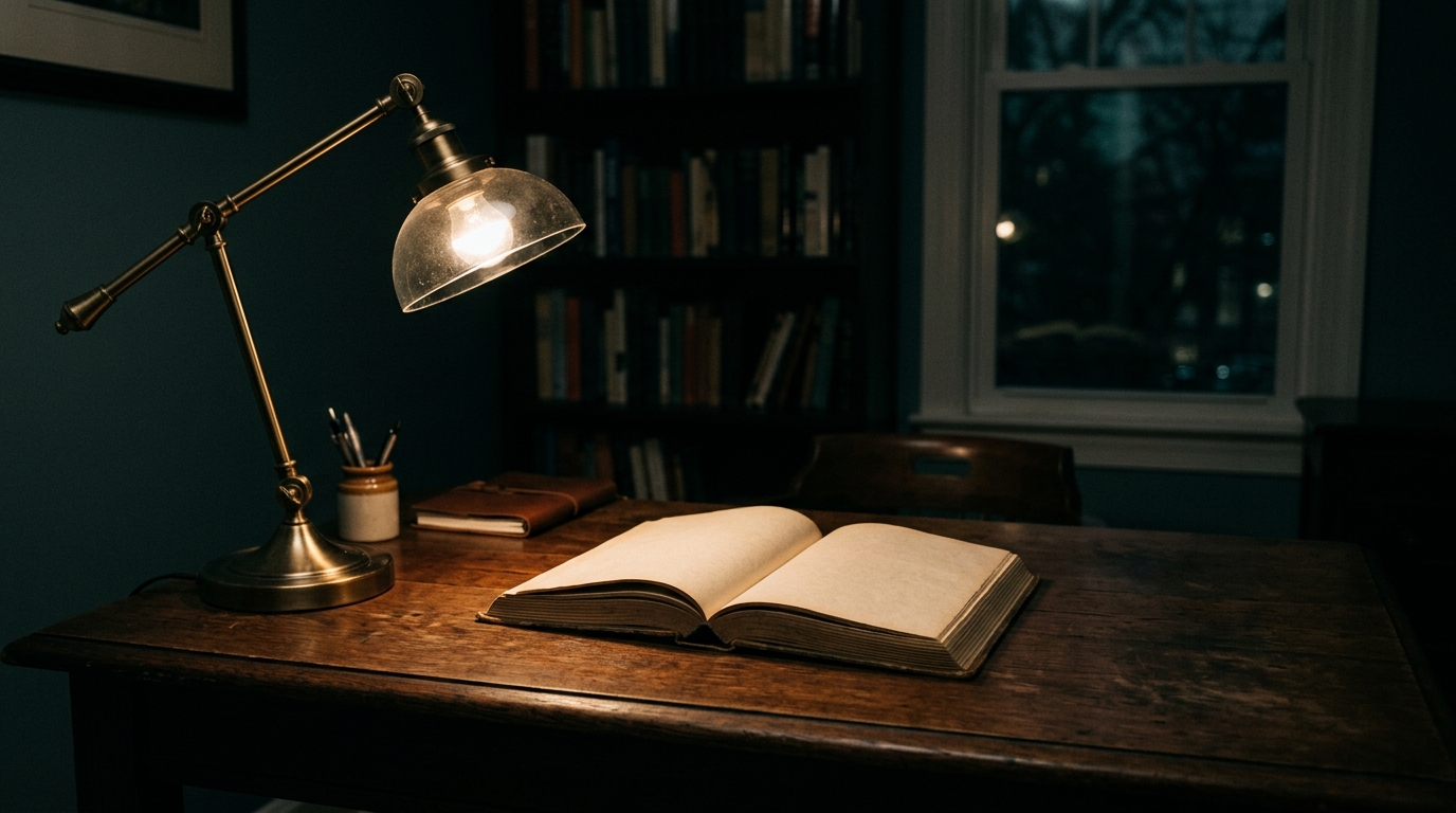 A desk with a single open book under a lamp, everything else in shadow