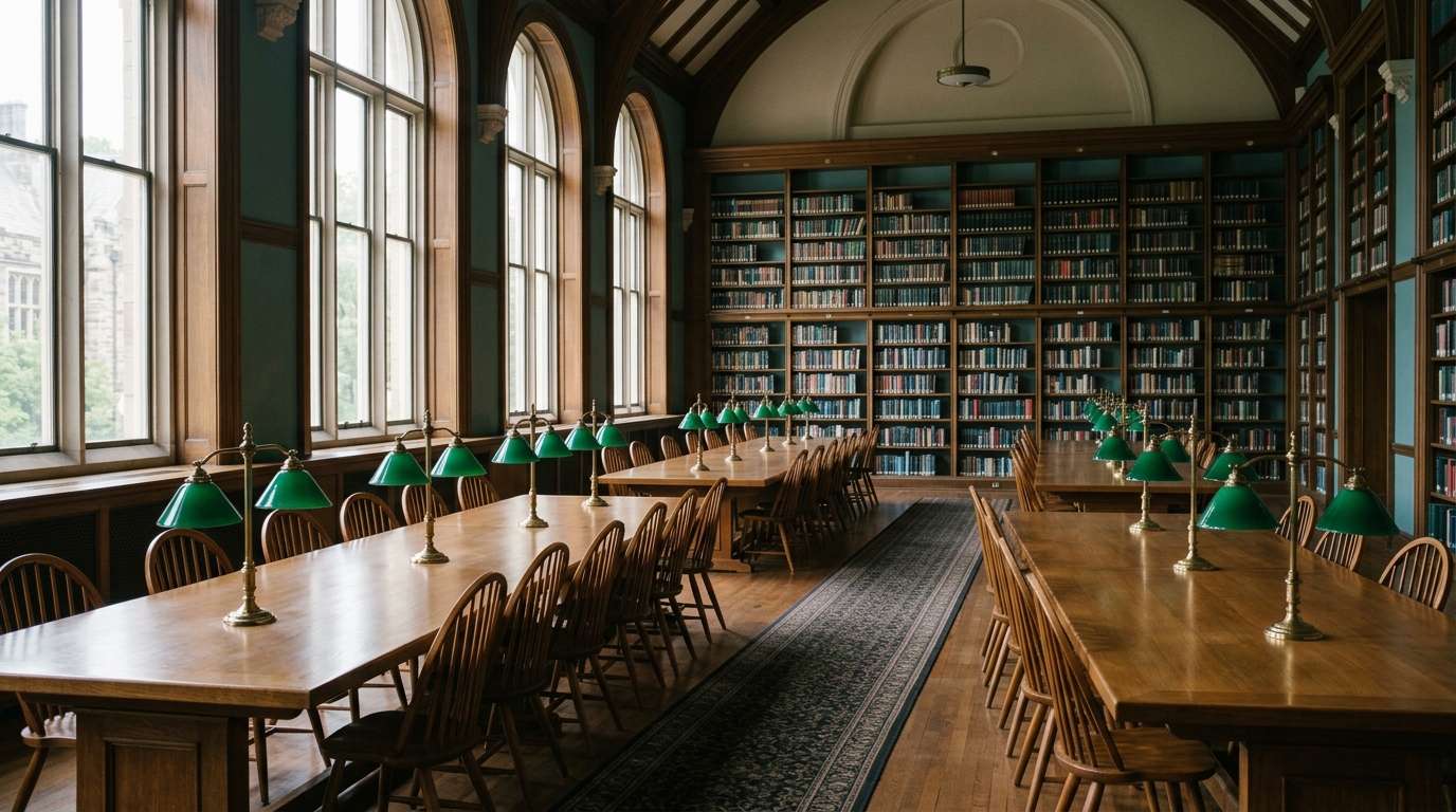 An empty library reading room with long tables and green lamps