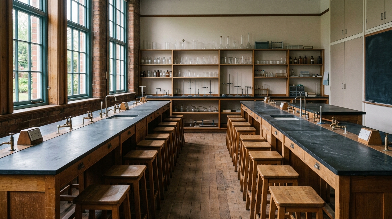 An empty school science laboratory with stools and benches